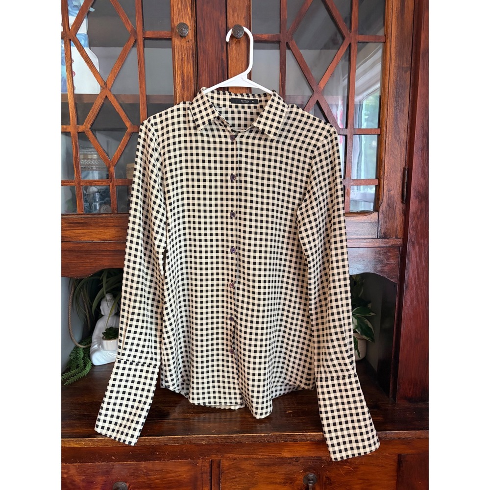 Etro Italy Women 40 Black Beige Gingham Check Long Sleeve Button Down Shirt